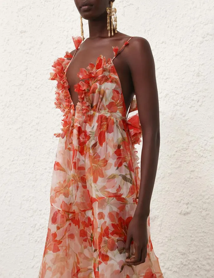 Zimmermann Clothing Tranquillity Floral Strap Gown Red Lily 8211 Women