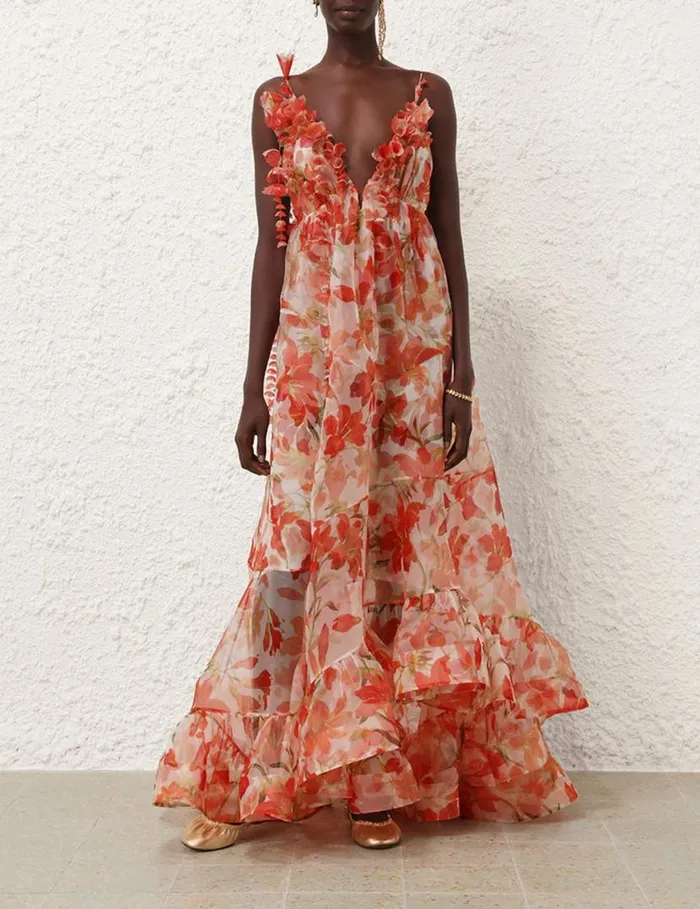 Zimmermann Clothing Tranquillity Floral Strap Gown Red Lily 8211 Women
