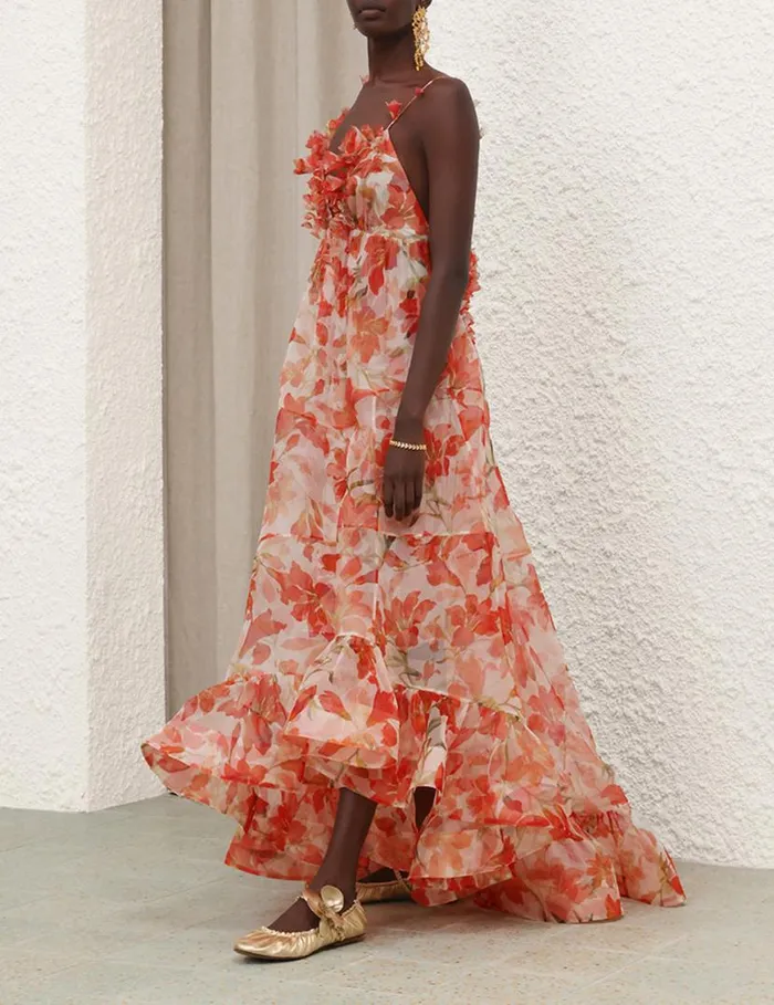 Zimmermann Clothing Tranquillity Floral Strap Gown Red Lily 8211 Women