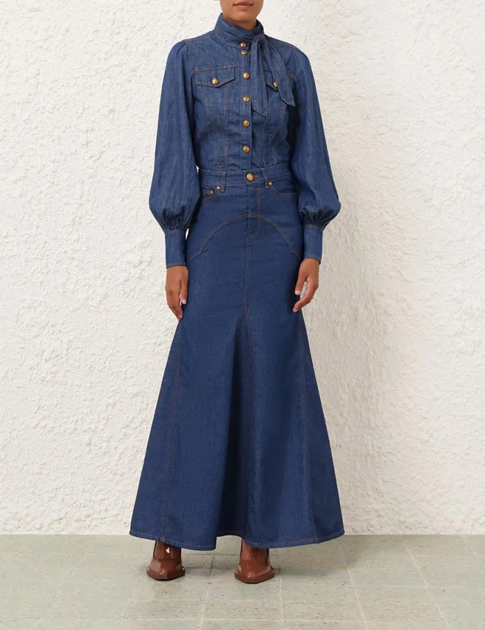 Zimmermann Denim Denim Maxi Skirt Railway Blue 8211 Women