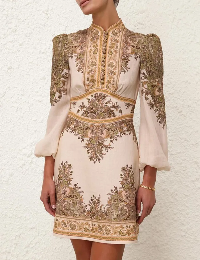 Zimmermann Dresses Natura Buttoned Mini Dress Khaki Paisley 8211 Women