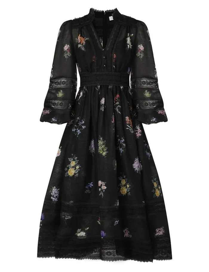 Zimmermann Dresses Natura V Neck Lace Midi Dress Multi Botanical Black 8211 Women