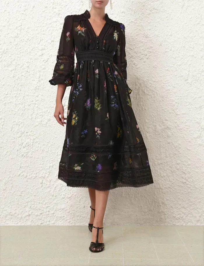Zimmermann Dresses Natura V Neck Lace Midi Dress Multi Botanical Black 8211 Women