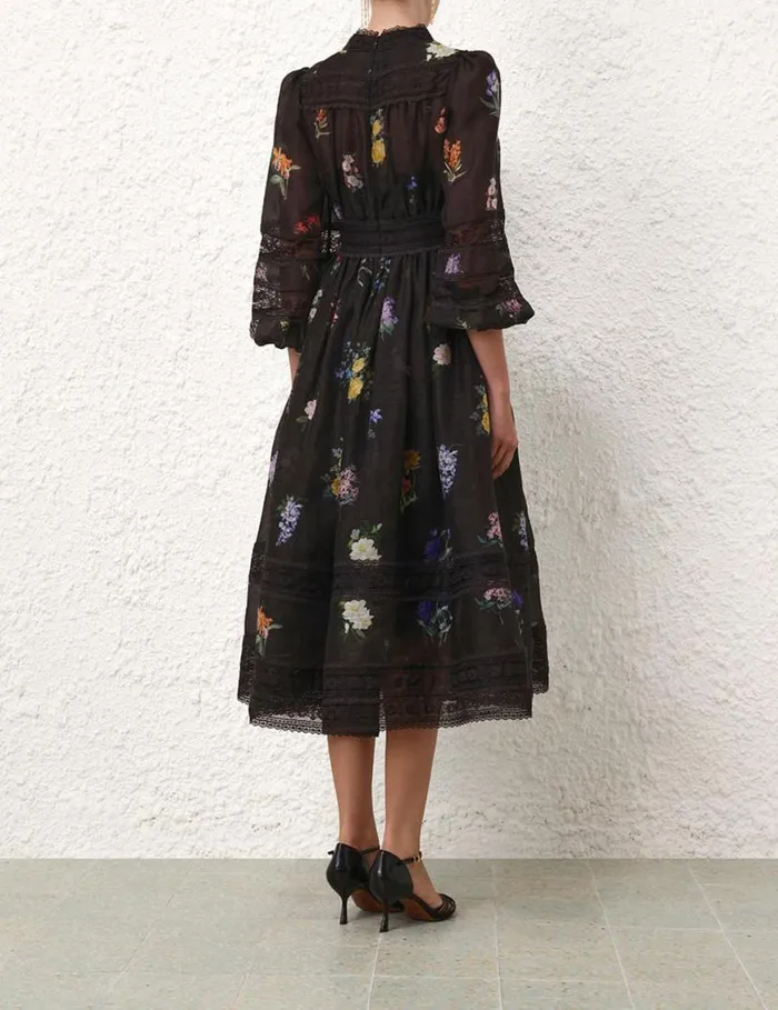 Zimmermann Dresses Natura V Neck Lace Midi Dress Multi Botanical Black 8211 Women