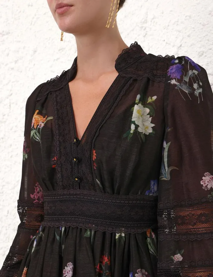 Zimmermann Dresses Natura V Neck Lace Midi Dress Multi Botanical Black 8211 Women