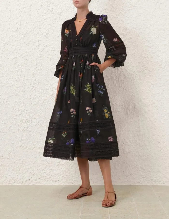 Zimmermann Dresses Natura V Neck Lace Midi Dress Multi Botanical Black 8211 Women