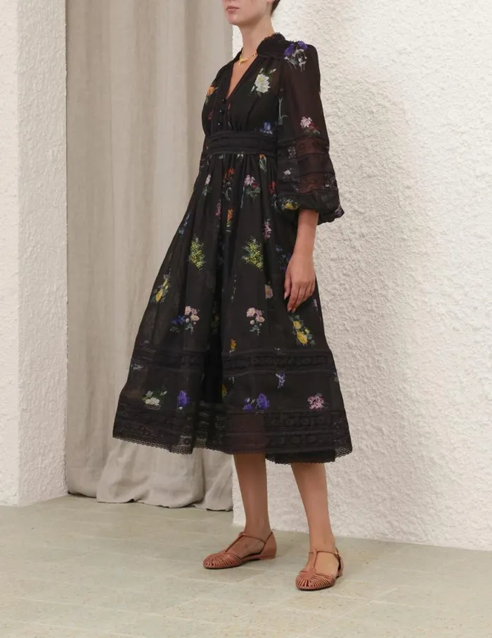 Zimmermann Dresses Natura V Neck Lace Midi Dress Multi Botanical Black 8211 Women
