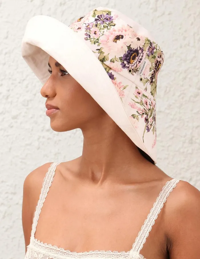 Zimmermann Hats Printed Long Brim Bucket Hat Cream Multi Floral 8211 Women