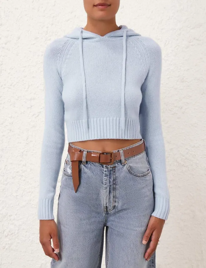 Zimmermann Knitwear Natura Cropped Hooded Sweater Blue 8211 Women