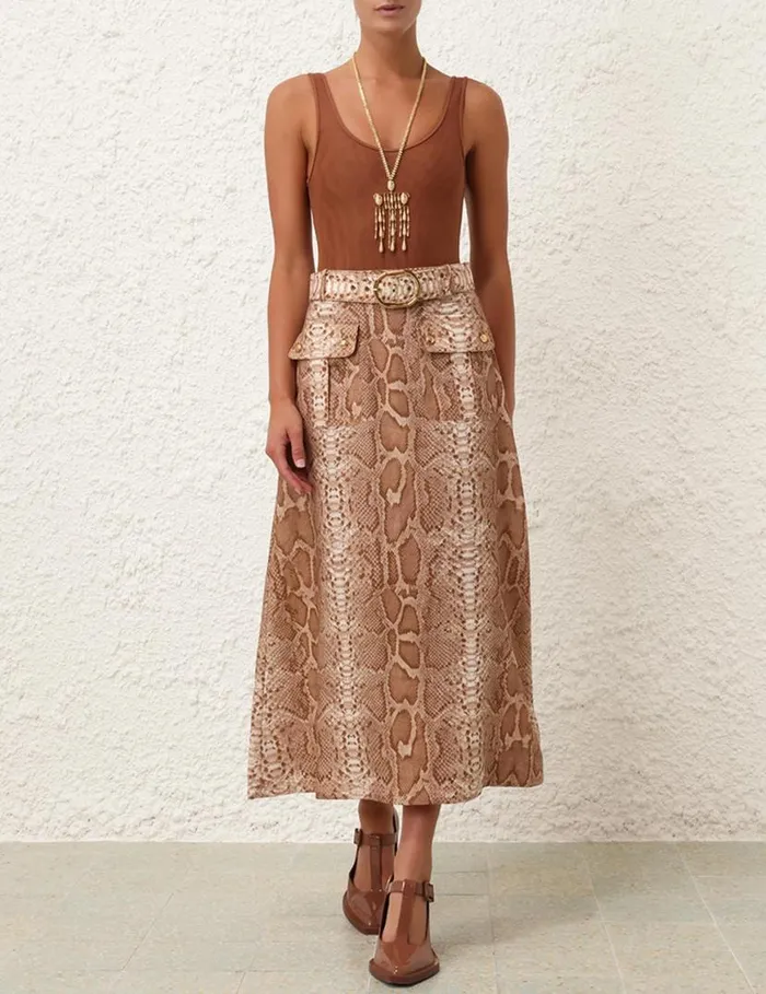 Zimmermann Skirts Natura Aline Midi Skirt Tan Snake 8211 Women