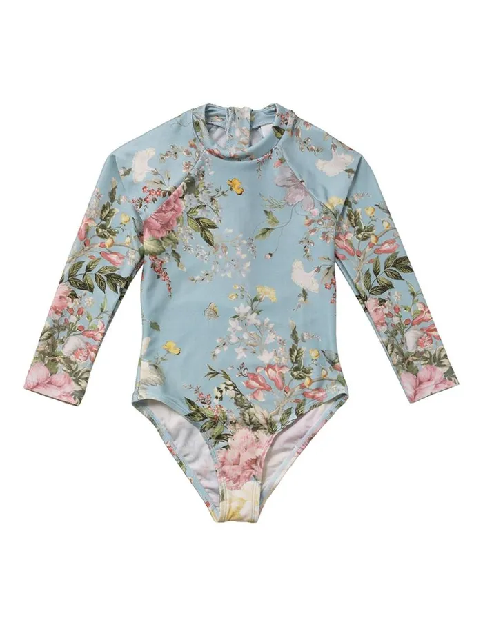 Zimmermann Swimwear Waverly Long Sleeve 1PC Light Blue Floral 8211 Kids