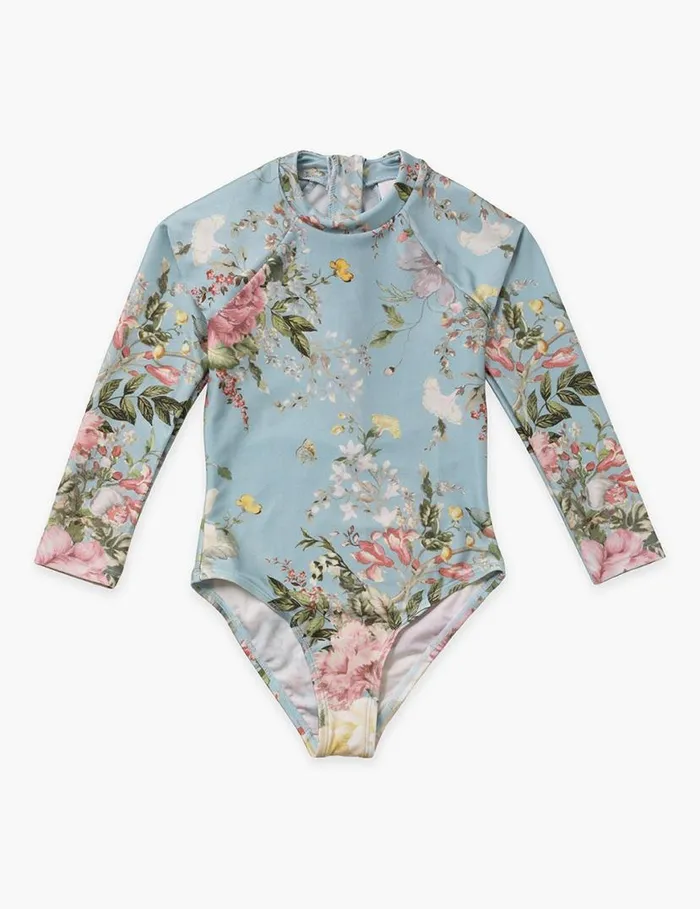 Zimmermann Swimwear Waverly Long Sleeve 1PC Light Blue Floral 8211 Kids