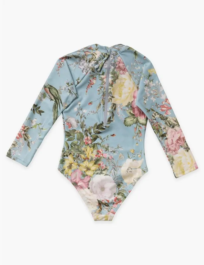 Zimmermann Swimwear Waverly Long Sleeve 1PC Light Blue Floral 8211 Kids