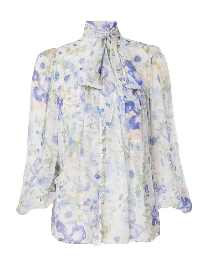 Zimmermann Tops Natura Tie Neck Billow Top Blue Garden Print 8211 Women