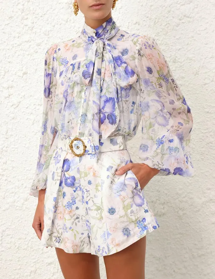 Zimmermann Tops Natura Tie Neck Billow Top Blue Garden Print 8211 Women