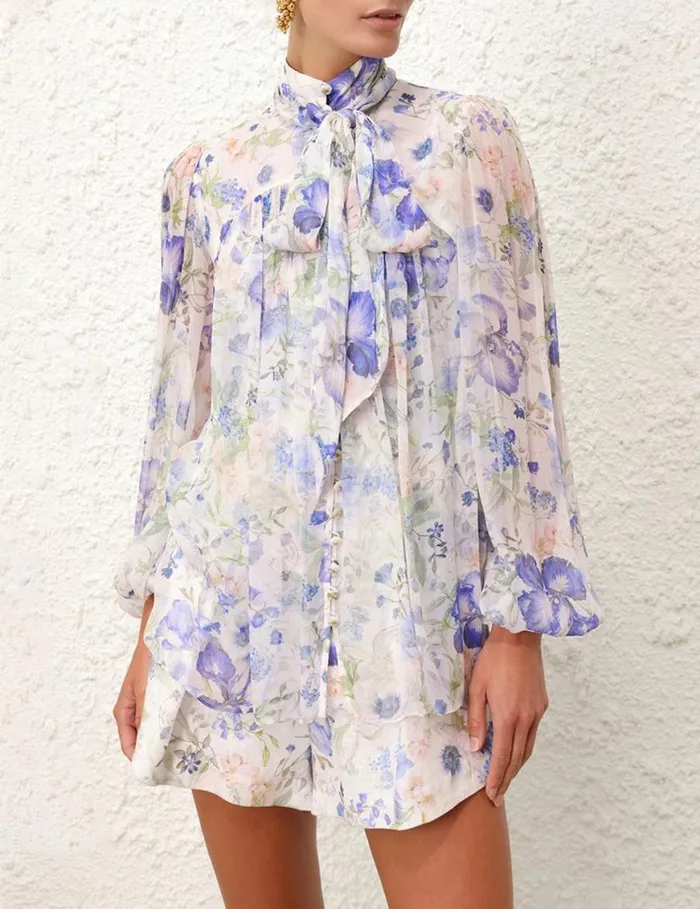 Zimmermann Tops Natura Tie Neck Billow Top Blue Garden Print 8211 Women