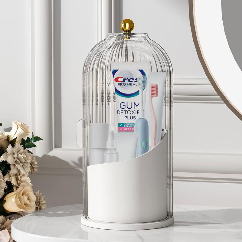 360° Rotating Toothbrush Holder with Cover, Compact Transparent Bathroom Organizer for Vanity Countertop Storage