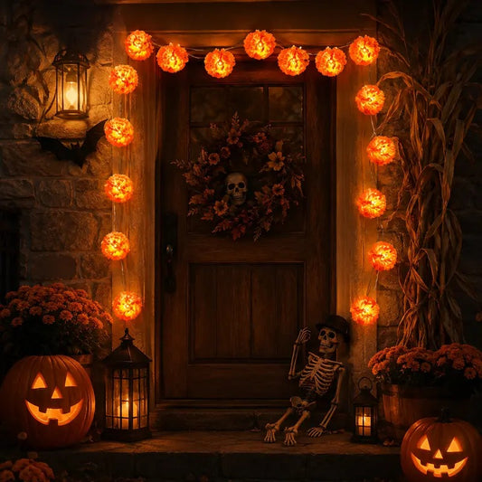 3m Orange Marigold LED String Lights, Battery-Powered Cempasuchil Garland with 20 Flashing Lights for Day of the Dead, Halloween & Fall Decor