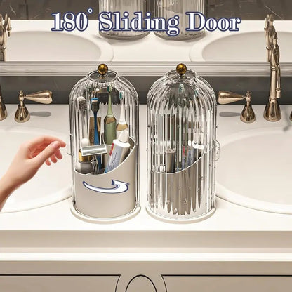 360° Rotating Toothbrush Holder with Cover, Compact Transparent Bathroom Organizer for Vanity Countertop Storage