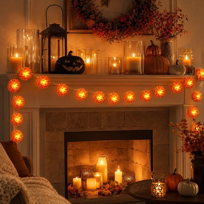 3m Orange Marigold LED String Lights, Battery-Powered Cempasuchil Garland with 20 Flashing Lights for Day of the Dead, Halloween & Fall Decor