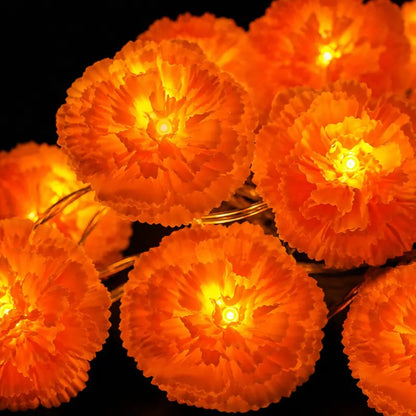 3m Orange Marigold LED String Lights, Battery-Powered Cempasuchil Garland with 20 Flashing Lights for Day of the Dead, Halloween & Fall Decor