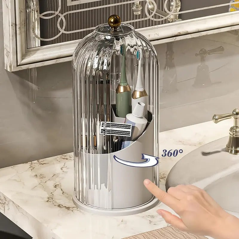 360° Rotating Toothbrush Holder with Cover, Compact Transparent Bathroom Organizer for Vanity Countertop Storage