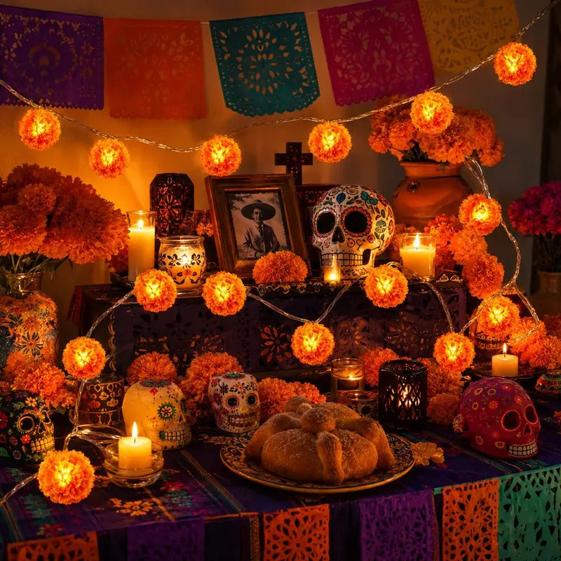 3m Orange Marigold LED String Lights, Battery-Powered Cempasuchil Garland with 20 Flashing Lights for Day of the Dead, Halloween & Fall Decor
