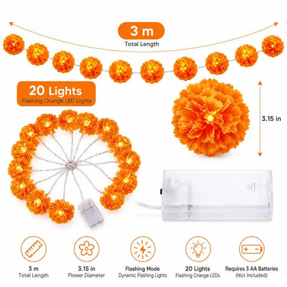 3m Orange Marigold LED String Lights, Battery-Powered Cempasuchil Garland with 20 Flashing Lights for Day of the Dead, Halloween & Fall Decor