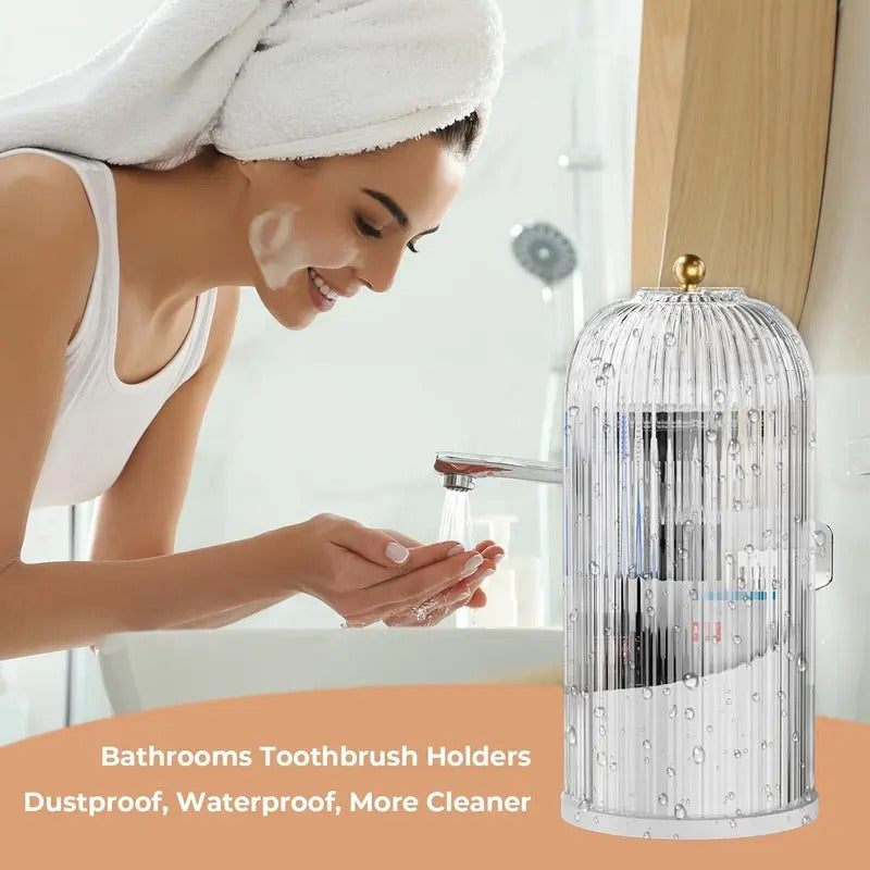 360° Rotating Toothbrush Holder with Cover, Compact Transparent Bathroom Organizer for Vanity Countertop Storage