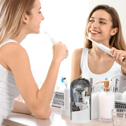 360° Rotating Toothbrush Holder with Cover, Compact Transparent Bathroom Organizer for Vanity Countertop Storage