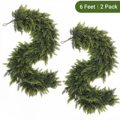 Real Touch Artificial Cedar Garland 6FT 2 Pack – Natural Looking Greenery Decor for Walls, Mantels, Christmas & Home Decoration