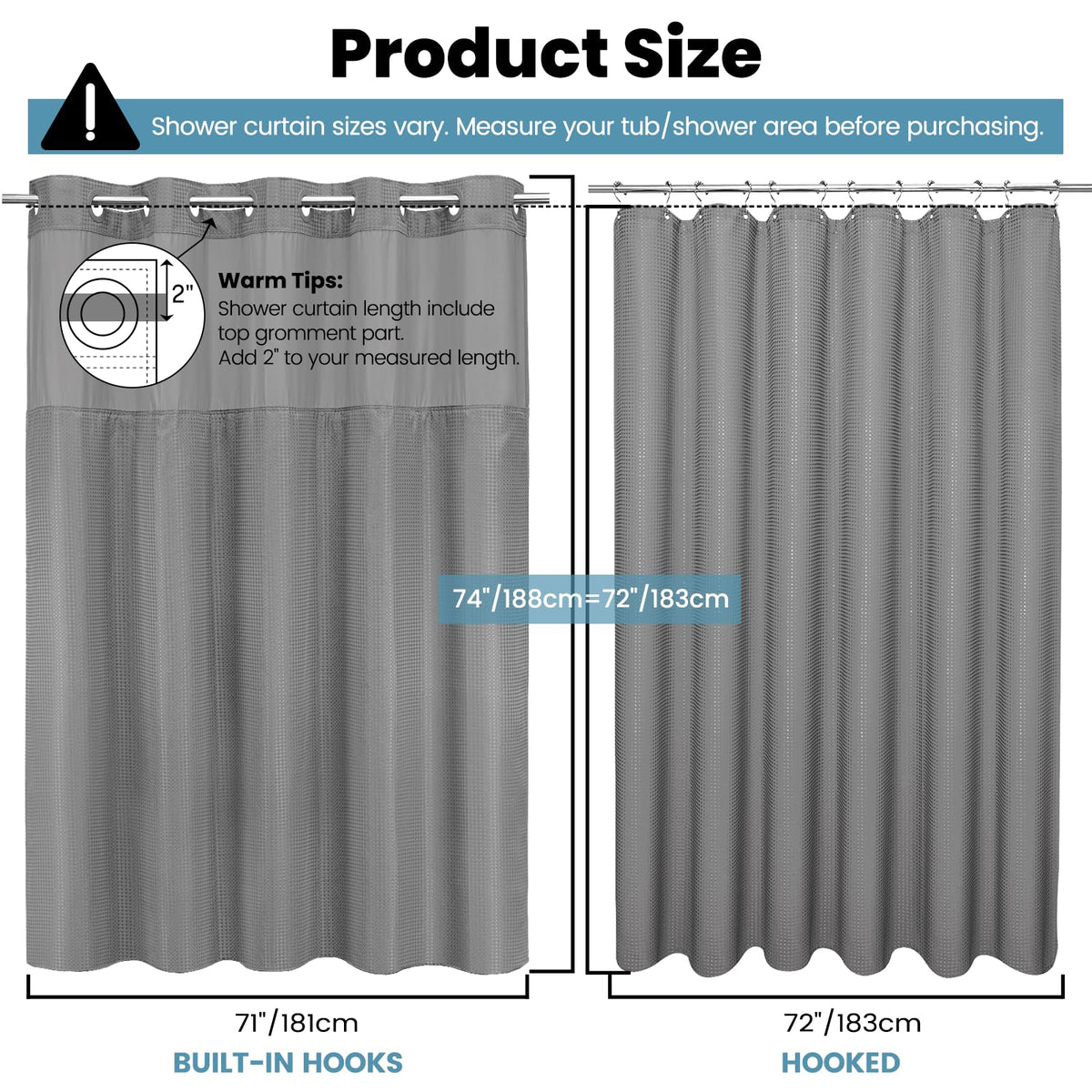 Washable Waffle Weave Shower Curtain with Snap-In Liner, Waterproof Double Layer Bathroom Curtain 71 x 74 Inch
