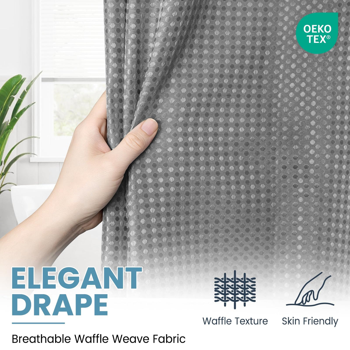 Washable Waffle Weave Shower Curtain with Snap-In Liner, Waterproof Double Layer Bathroom Curtain 71 x 74 Inch