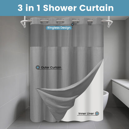Washable Waffle Weave Shower Curtain with Snap-In Liner, Waterproof Double Layer Bathroom Curtain 71 x 74 Inch