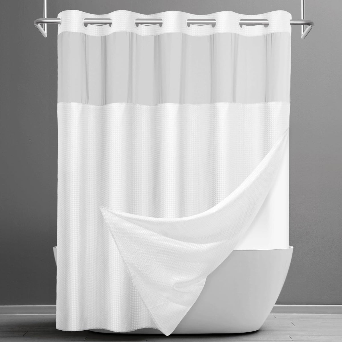 Washable Waffle Weave Shower Curtain with Snap-In Liner, Waterproof Double Layer Bathroom Curtain 71 x 74 Inch