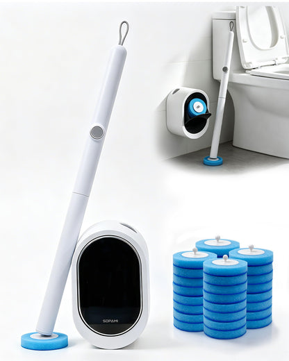 Disposable Toilet Brush with Holder, Toilet Wand Cleaning Kit with 16 Sponge Refills, Touch-Free Bathroom Cleaner, Wall-Mounted or Freestanding