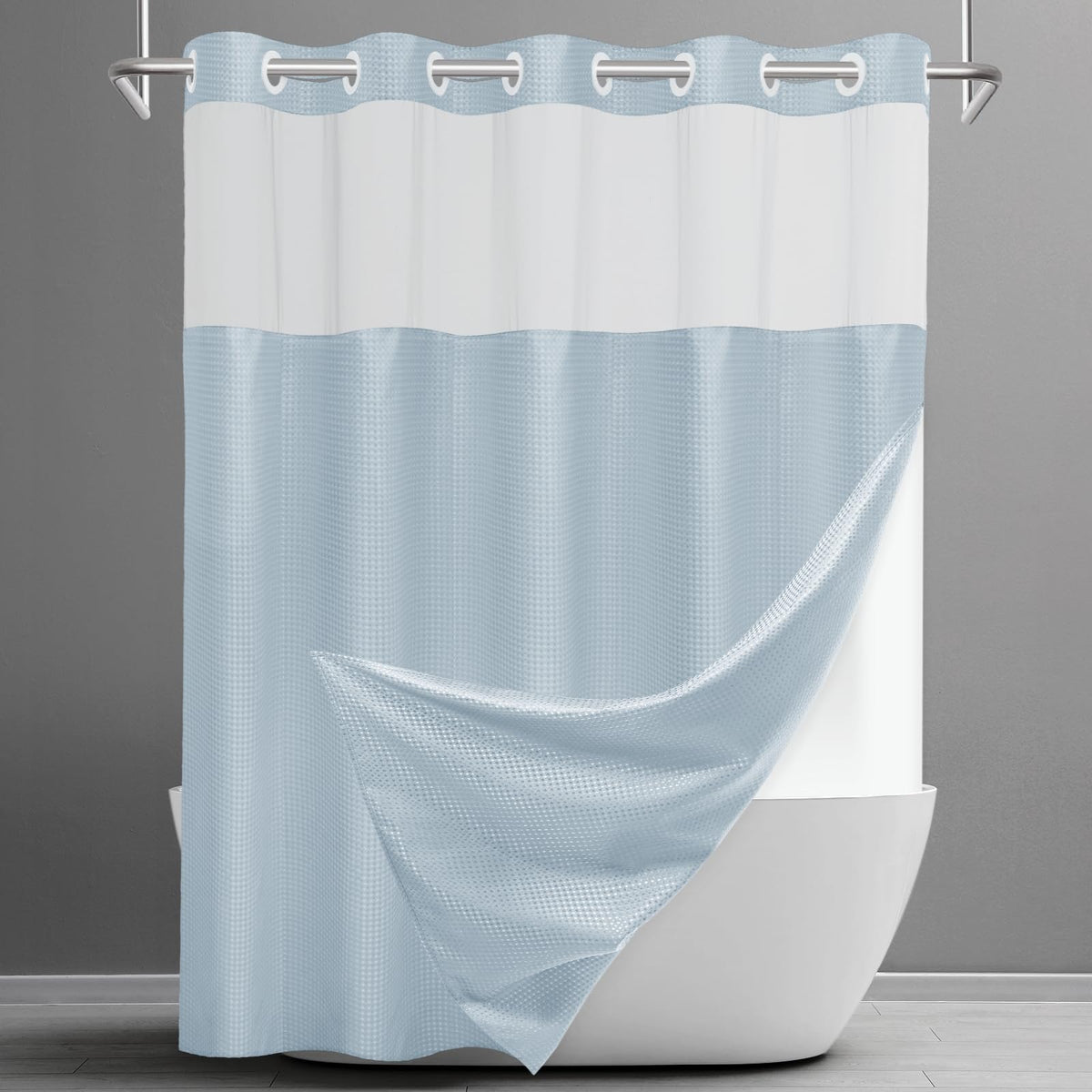 Washable Waffle Weave Shower Curtain with Snap-In Liner, Waterproof Double Layer Bathroom Curtain 71 x 74 Inch