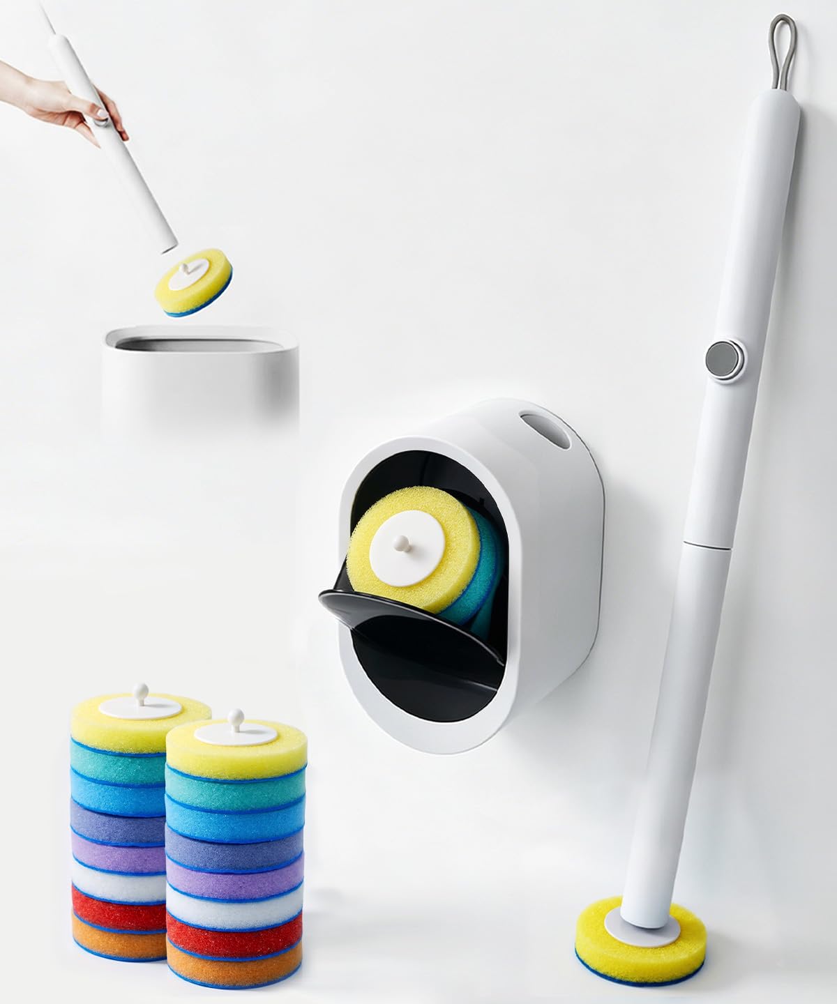 Disposable Toilet Brush with Holder, Toilet Wand Cleaning Kit with 16 Sponge Refills, Touch-Free Bathroom Cleaner, Wall-Mounted or Freestanding