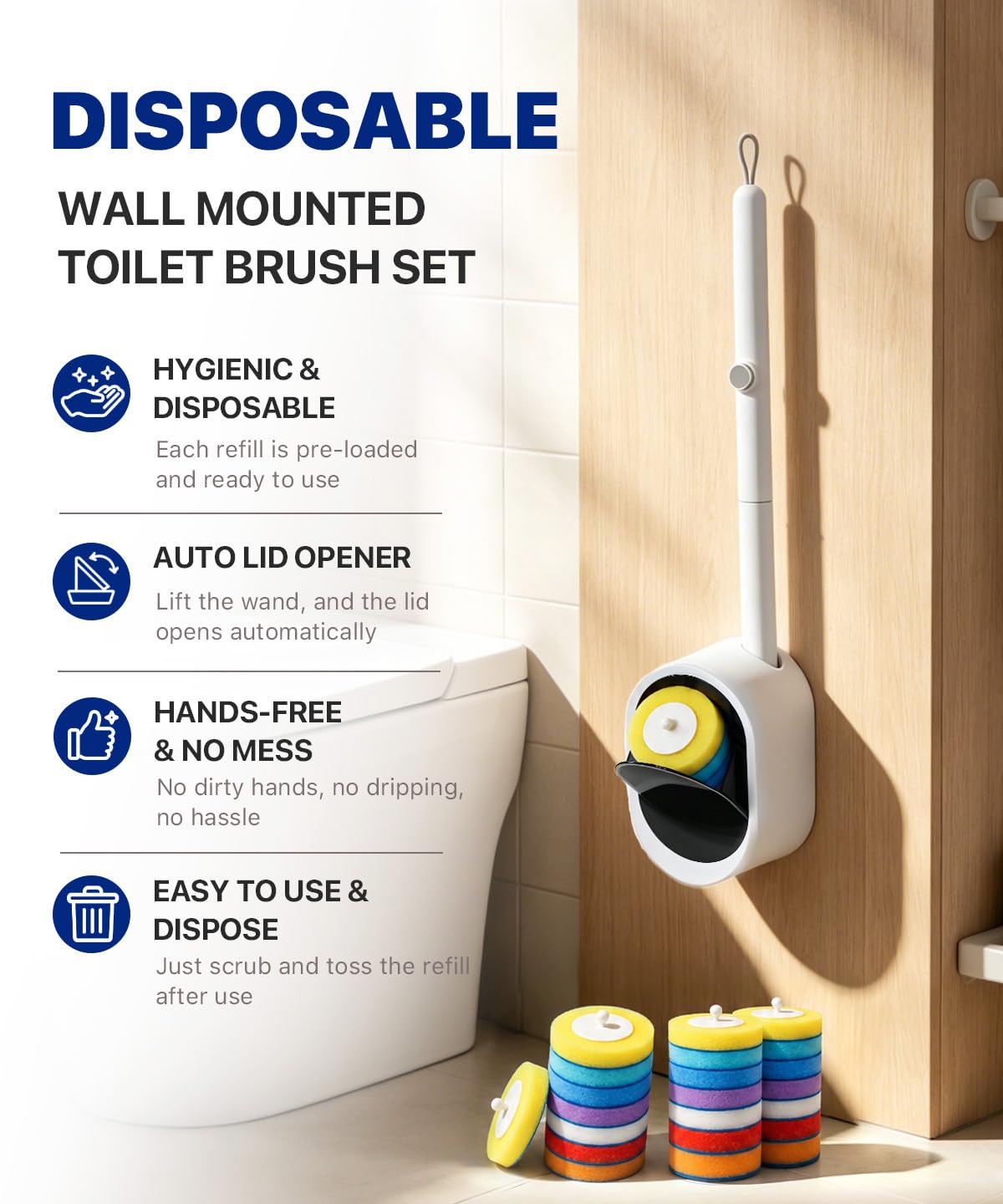 Disposable Toilet Brush with Holder, Toilet Wand Cleaning Kit with 16 Sponge Refills, Touch-Free Bathroom Cleaner, Wall-Mounted or Freestanding