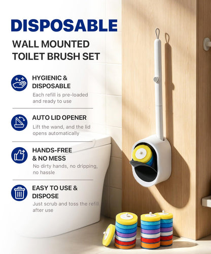 Disposable Toilet Brush with Holder, Toilet Wand Cleaning Kit with 16 Sponge Refills, Touch-Free Bathroom Cleaner, Wall-Mounted or Freestanding