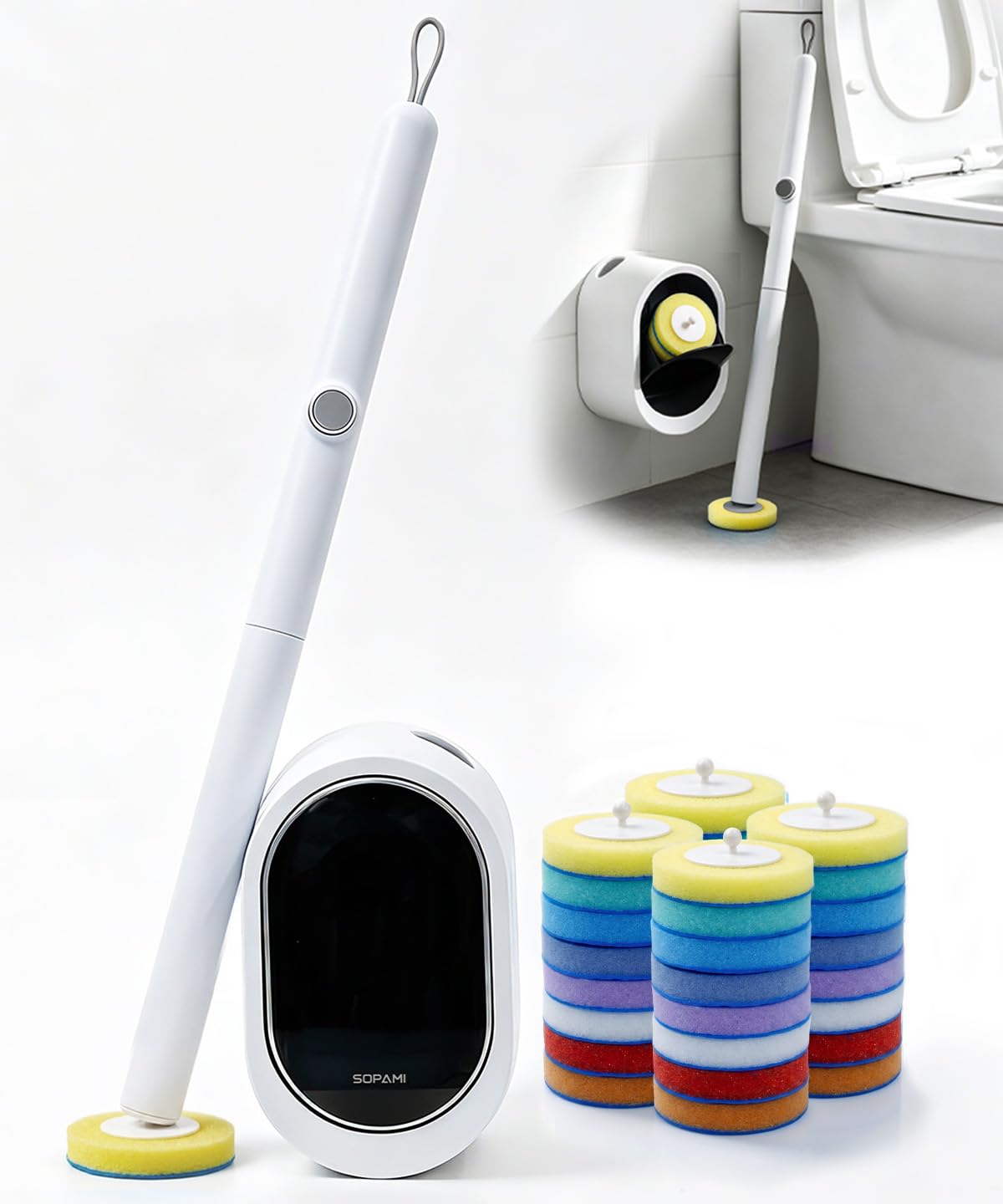 Disposable Toilet Brush with Holder, Toilet Wand Cleaning Kit with 16 Sponge Refills, Touch-Free Bathroom Cleaner, Wall-Mounted or Freestanding