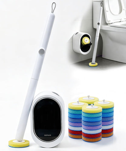Disposable Toilet Brush with Holder, Toilet Wand Cleaning Kit with 16 Sponge Refills, Touch-Free Bathroom Cleaner, Wall-Mounted or Freestanding