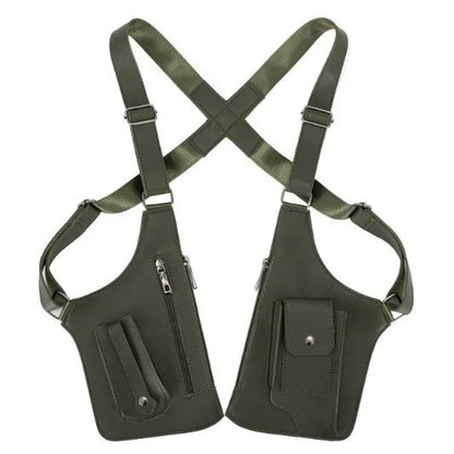 Retro Double Shoulder Strap Tactical Chest Bag Multi Pocket Anti Theft Waterproof PU for Men Outdoor Travel Hiking Daily Use