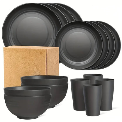 16pcs Unbreakable Tableware Set Shatterproof 8 Plates 4 Bowls 4 Cups Microwave Dishwasher Safe for Camping Daily Use Black