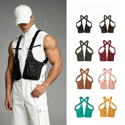 Retro Double Shoulder Strap Tactical Chest Bag Multi Pocket Anti Theft Waterproof PU for Men Outdoor Travel Hiking Daily Use