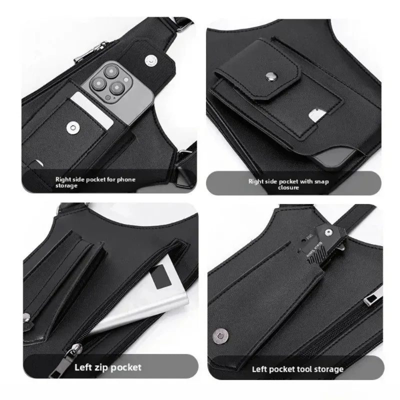 Retro Double Shoulder Strap Tactical Chest Bag Multi Pocket Anti Theft Waterproof PU for Men Outdoor Travel Hiking Daily Use