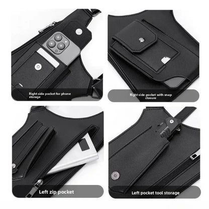 Retro Double Shoulder Strap Tactical Chest Bag Multi Pocket Anti Theft Waterproof PU for Men Outdoor Travel Hiking Daily Use