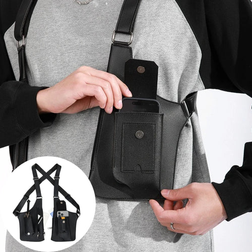 Retro Double Shoulder Strap Tactical Chest Bag Multi Pocket Anti Theft Waterproof PU for Men Outdoor Travel Hiking Daily Use