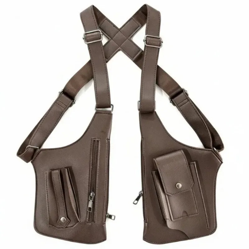 Retro Double Shoulder Strap Tactical Chest Bag Multi Pocket Anti Theft Waterproof PU for Men Outdoor Travel Hiking Daily Use