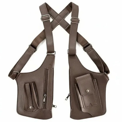 Retro Double Shoulder Strap Tactical Chest Bag Multi Pocket Anti Theft Waterproof PU for Men Outdoor Travel Hiking Daily Use